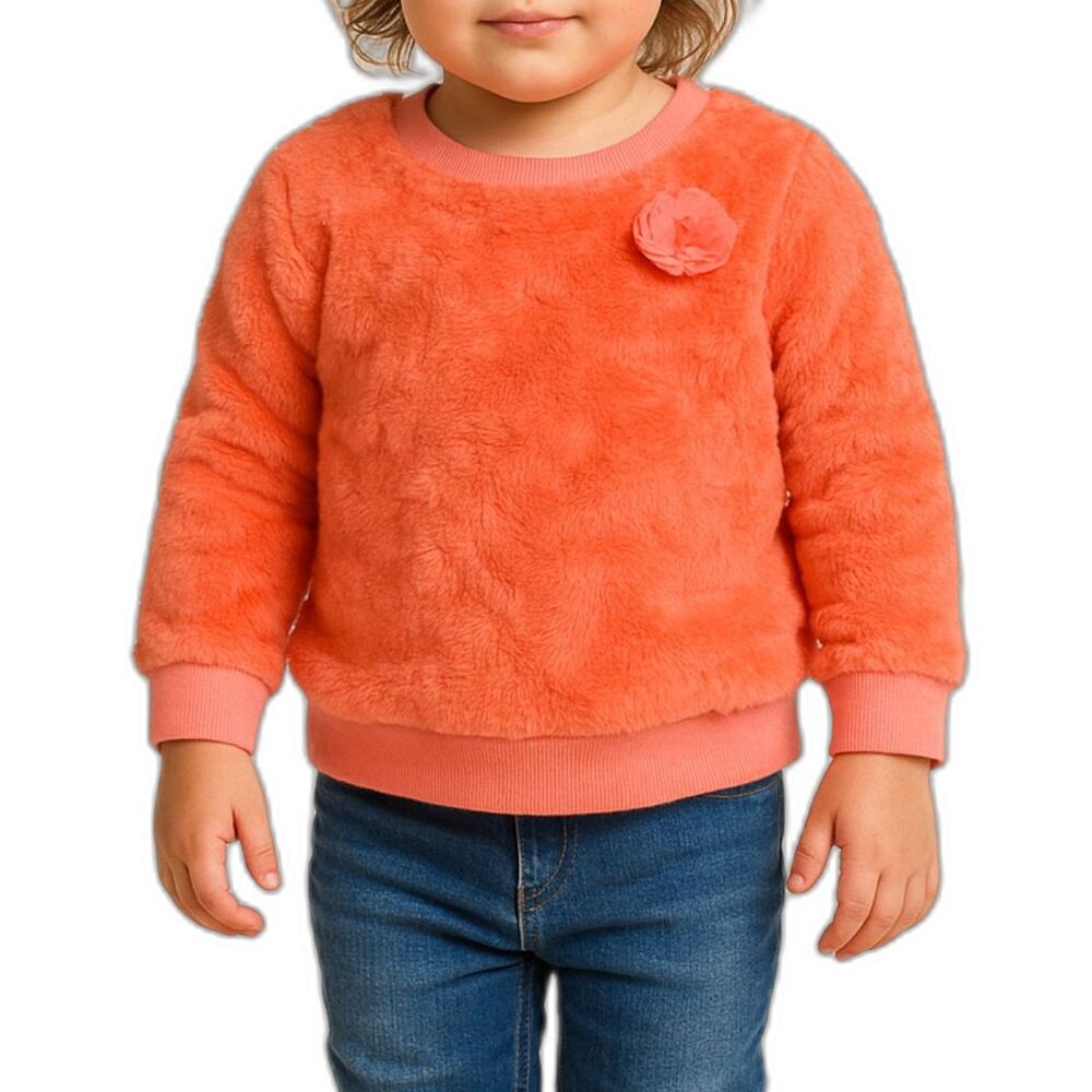 Nannette Kids Coral Faux Fur Sweatshirt Flower Accent | Size 3T